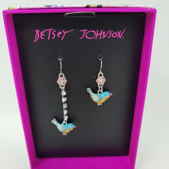 Betsey Johnson Blue Bird Crystal pink Flower short & long earrings - Picture 1 of 4